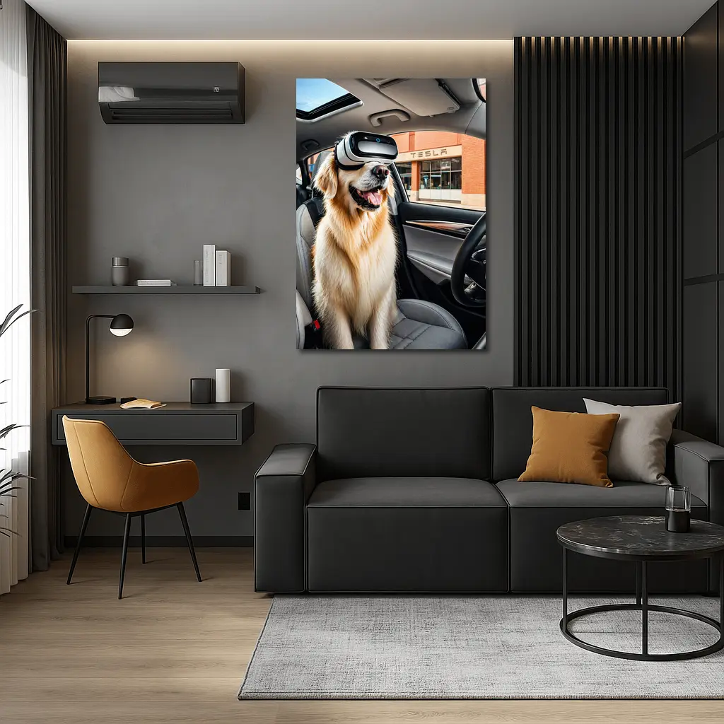 Golden Retriever Wearing VR Headset Tesla Interior – Wall Art
