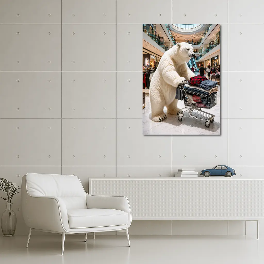 Polar Bear Shopping Cart Inside Busy Mall – Wall Art
