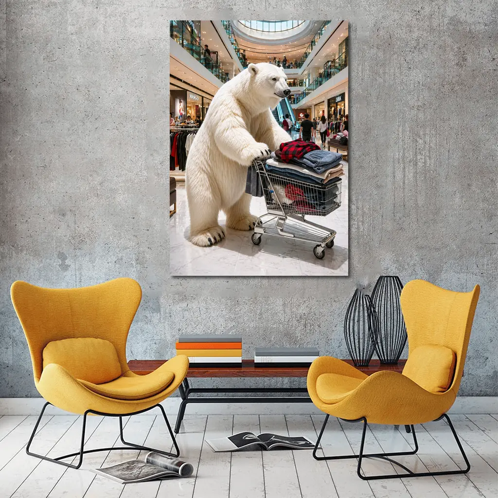 Polar Bear Shopping Cart Inside Busy Mall – Wall Art