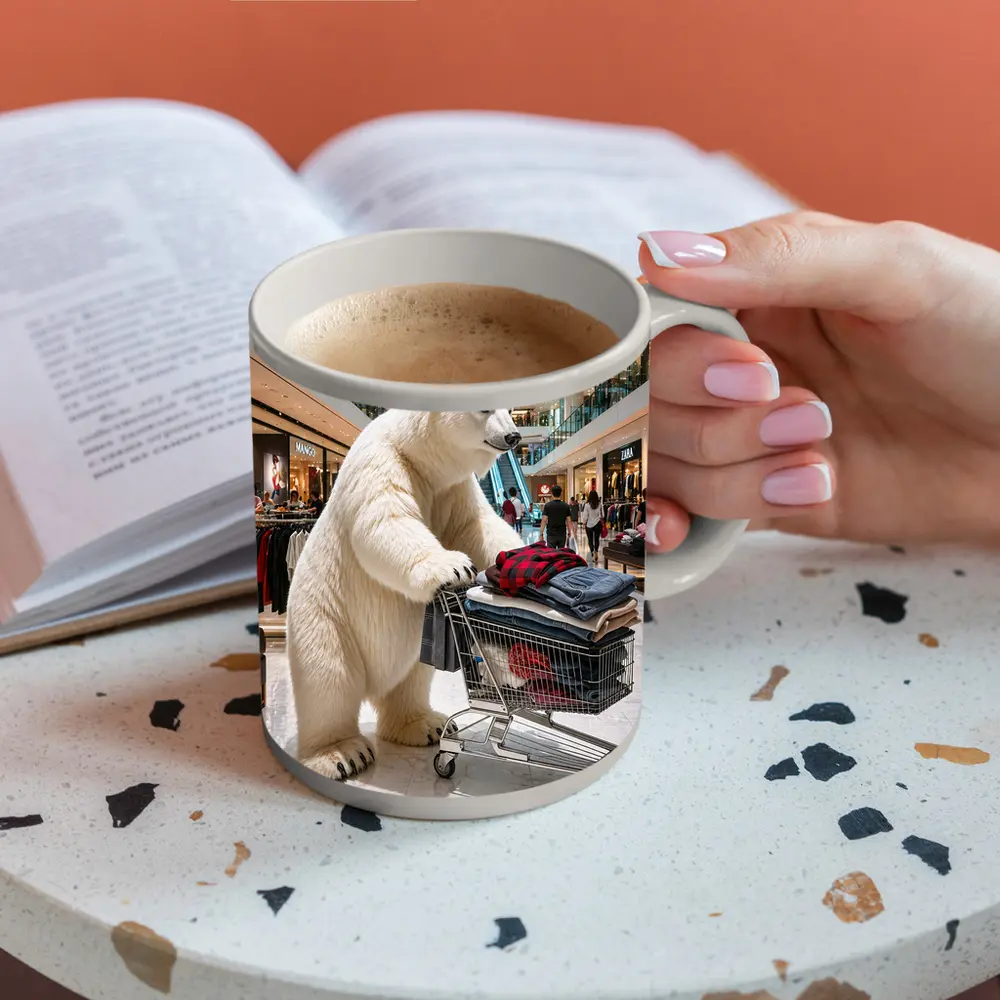 Polar Bear Shopping Cart Inside Busy Mall – Mugs