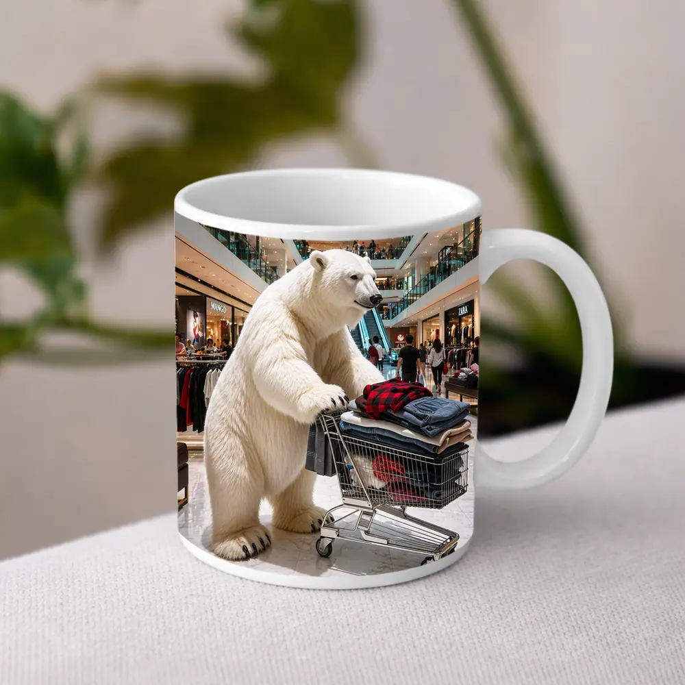 Polar Bear Shopping Cart Inside Busy Mall – Mugs