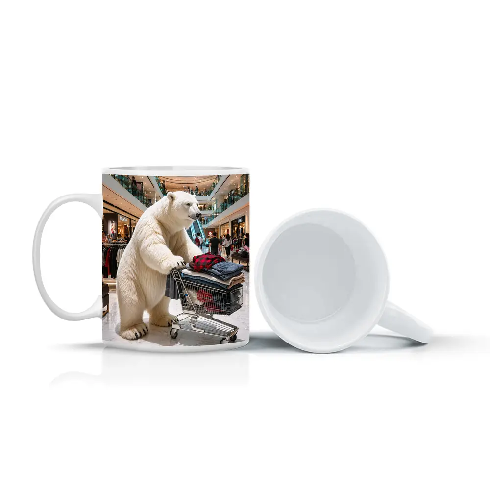 Polar Bear Shopping Cart Inside Busy Mall – Mugs