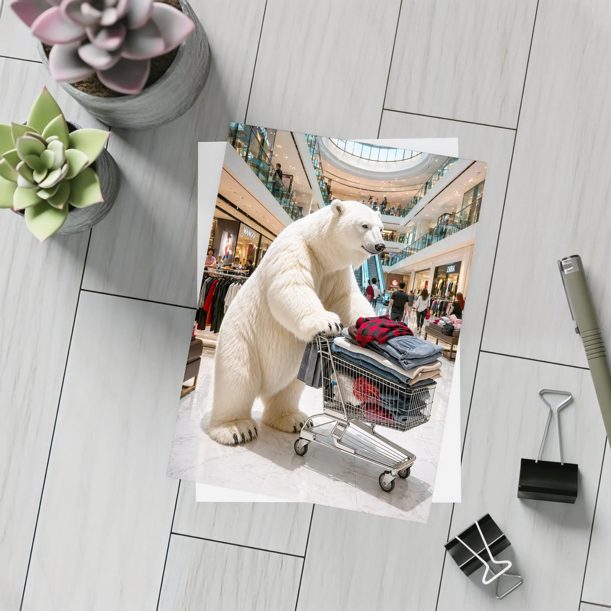 Polar Bear Shopping Cart Inside Busy Mall – Postcards