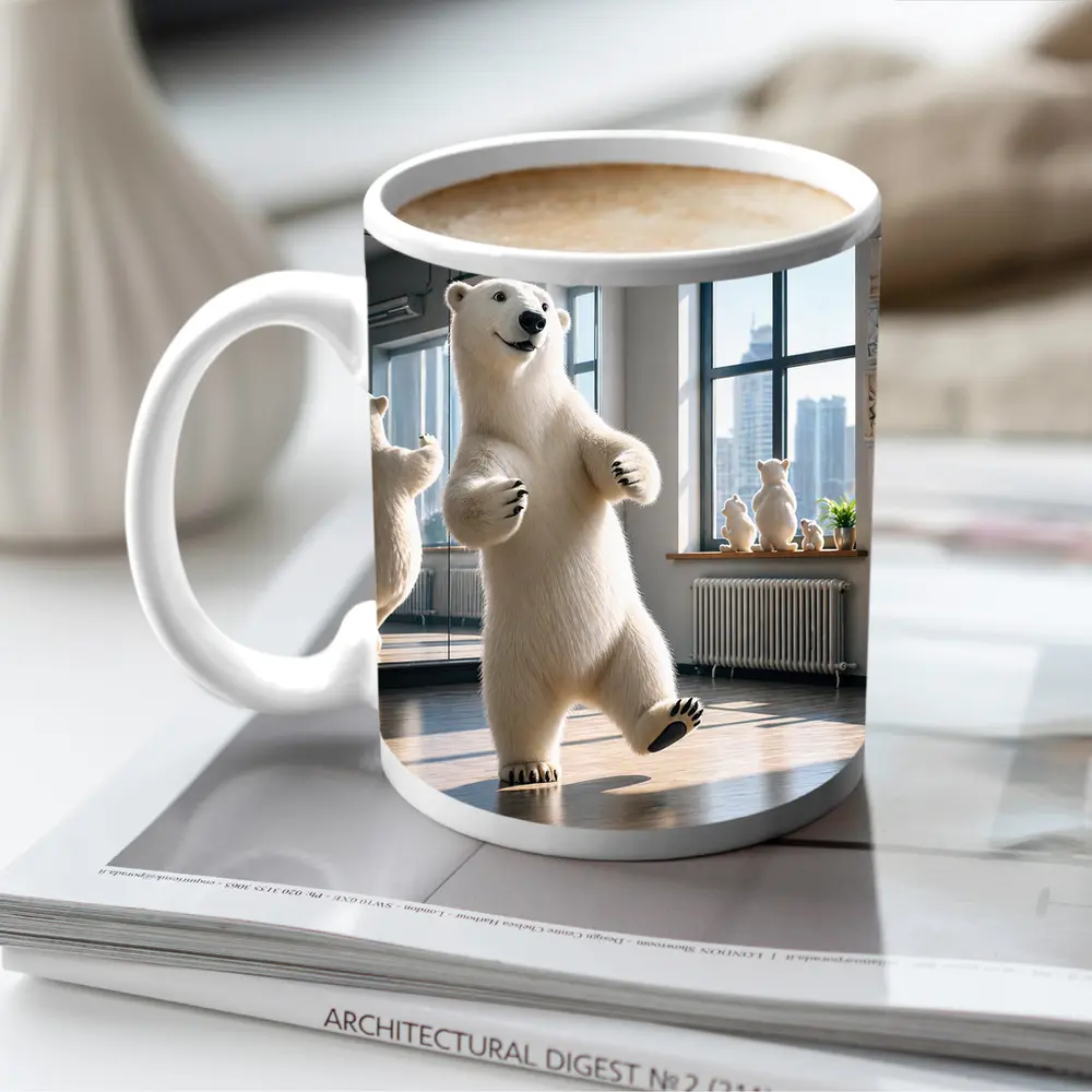 Polar Bear Dancing in Bright Studio – Mugs