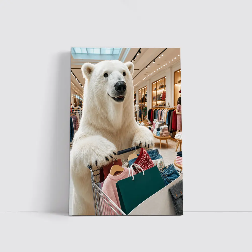 Polar Bear Shopping in Clothing Store – Wall Art