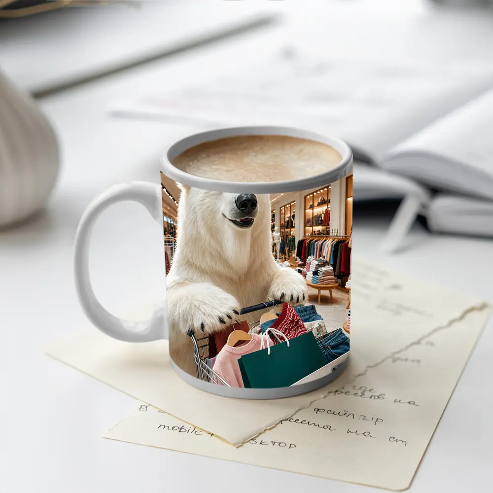 Polar Bear Shopping in Clothing Store – Mugs