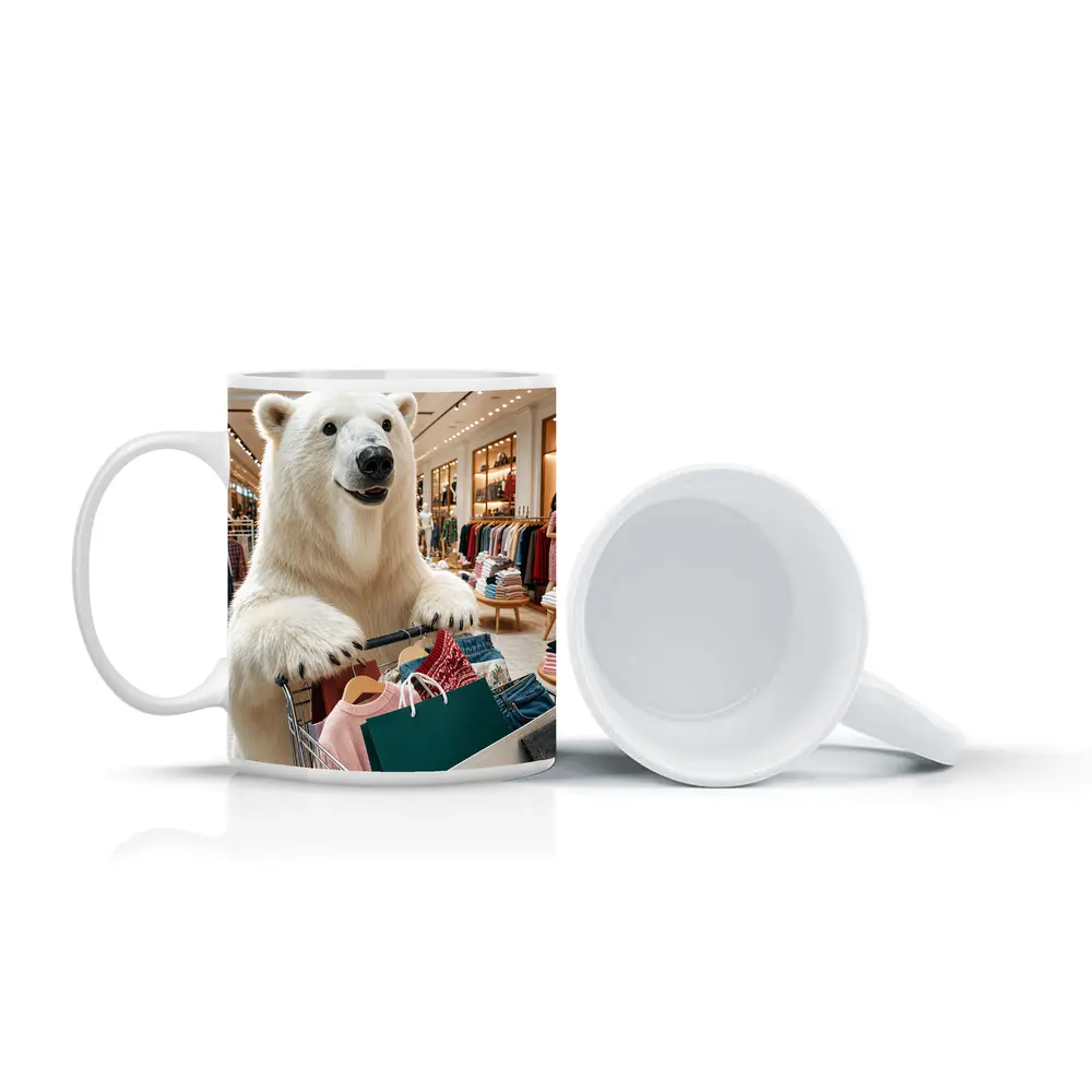 Polar Bear Shopping in Clothing Store – Mugs