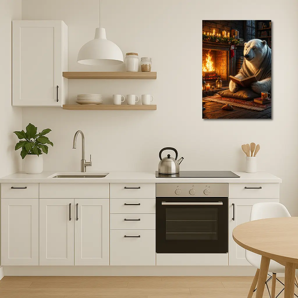 Polar Bear Reading Book by Cozy Fireplace – Wall Art