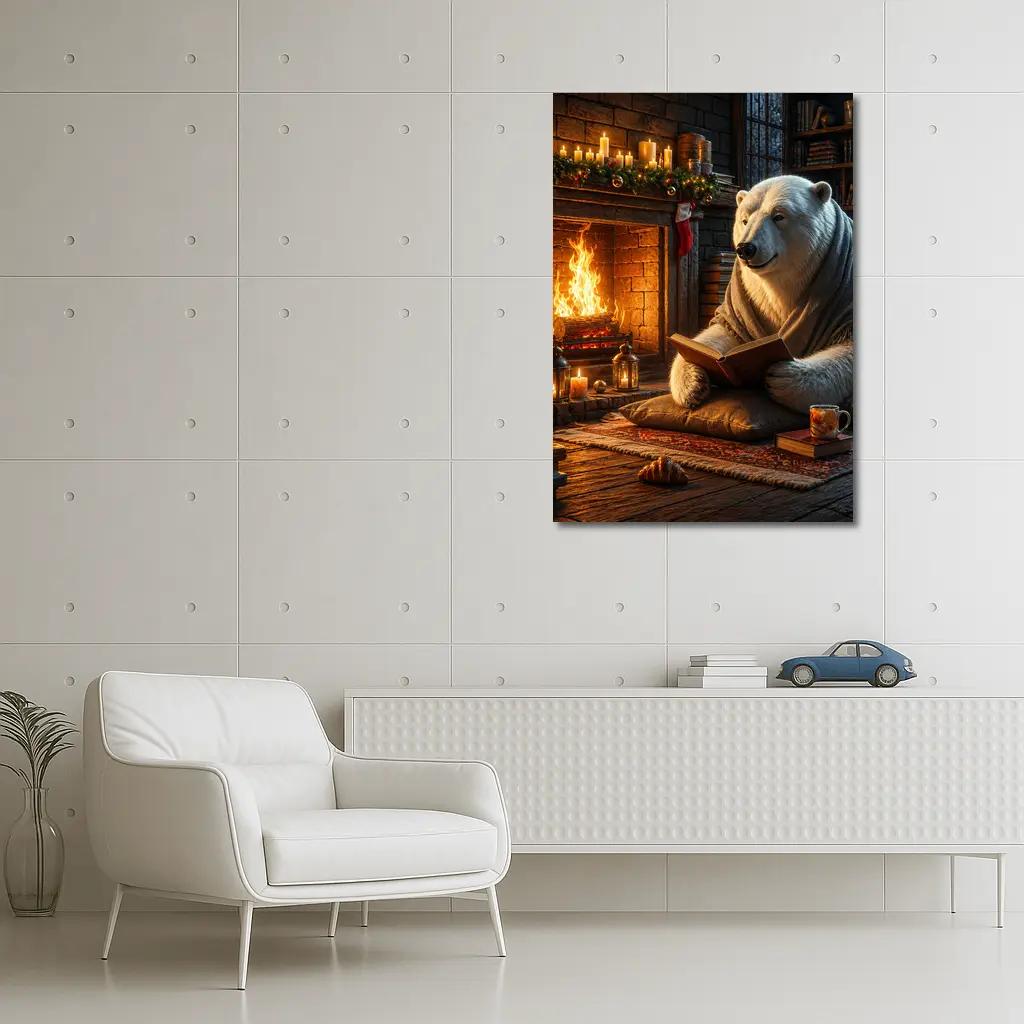 Polar Bear Reading Book by Cozy Fireplace – Wall Art