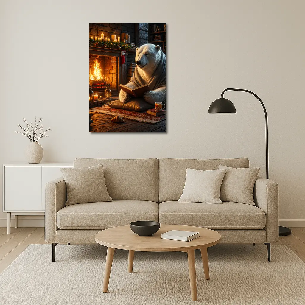 Polar Bear Reading Book by Cozy Fireplace – Wall Art