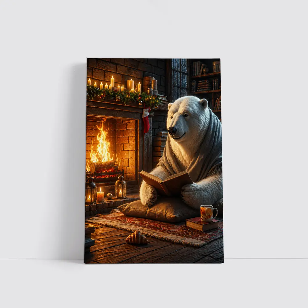 Polar Bear Reading Book by Cozy Fireplace – Wall Art