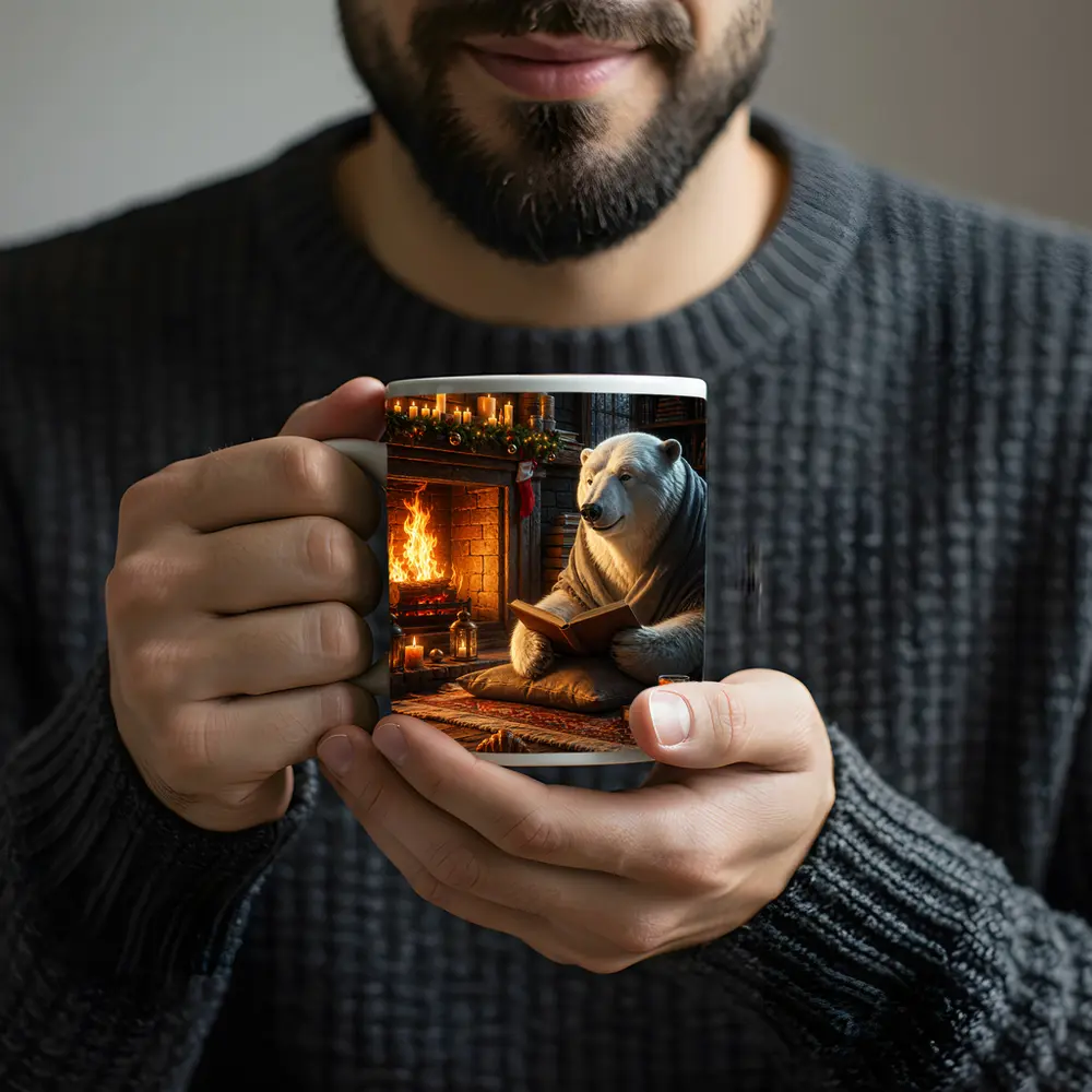 Polar Bear Reading Book by Cozy Fireplace – Mugs