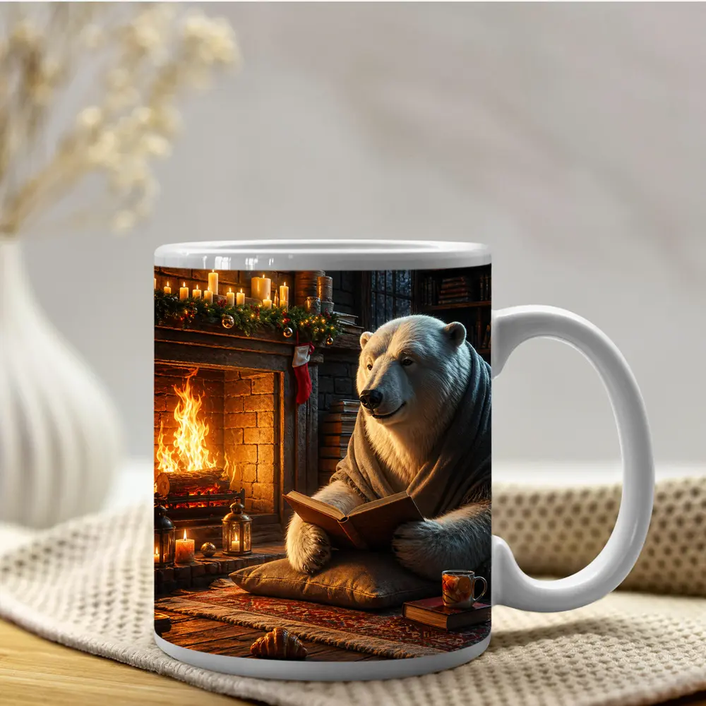 Polar Bear Reading Book by Cozy Fireplace – Mugs