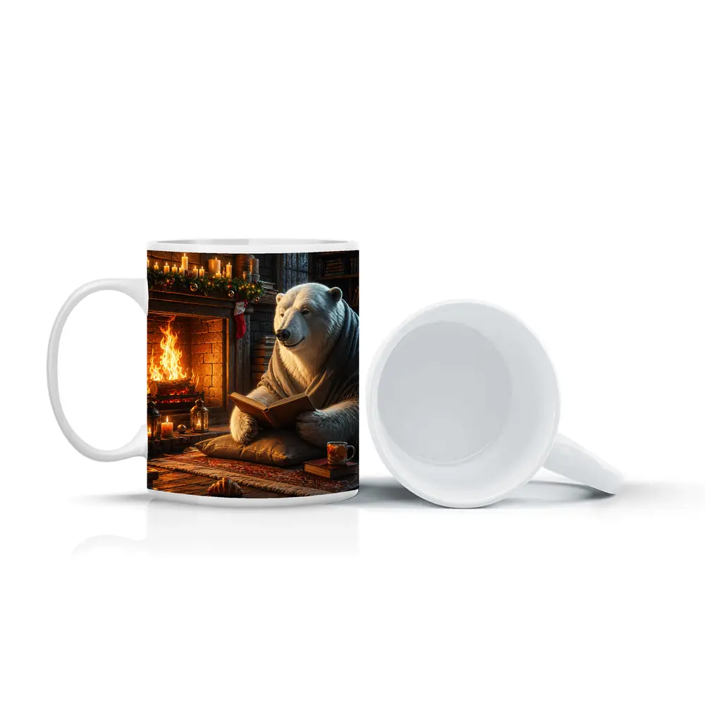 Polar Bear Reading Book by Cozy Fireplace – Mugs