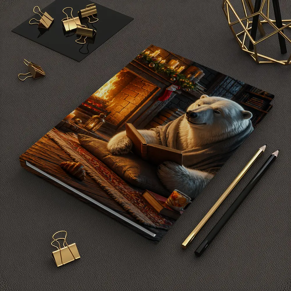 Polar Bear Reading Book by Cozy Fireplace – Notebooks