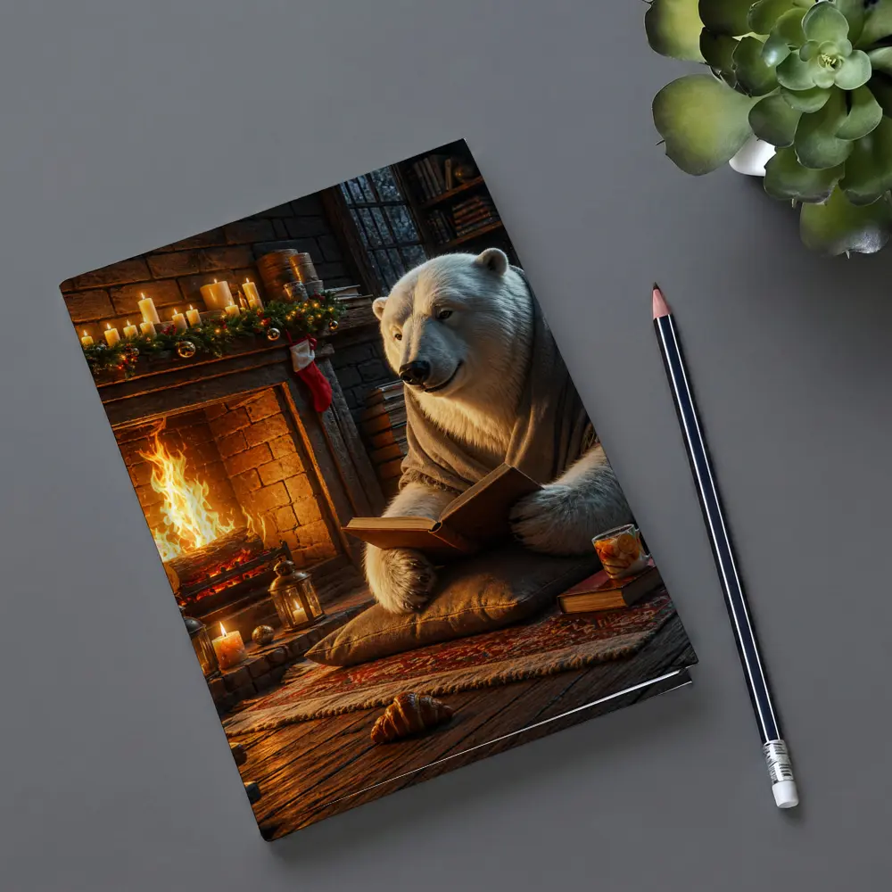 Polar Bear Reading Book by Cozy Fireplace – Notebooks