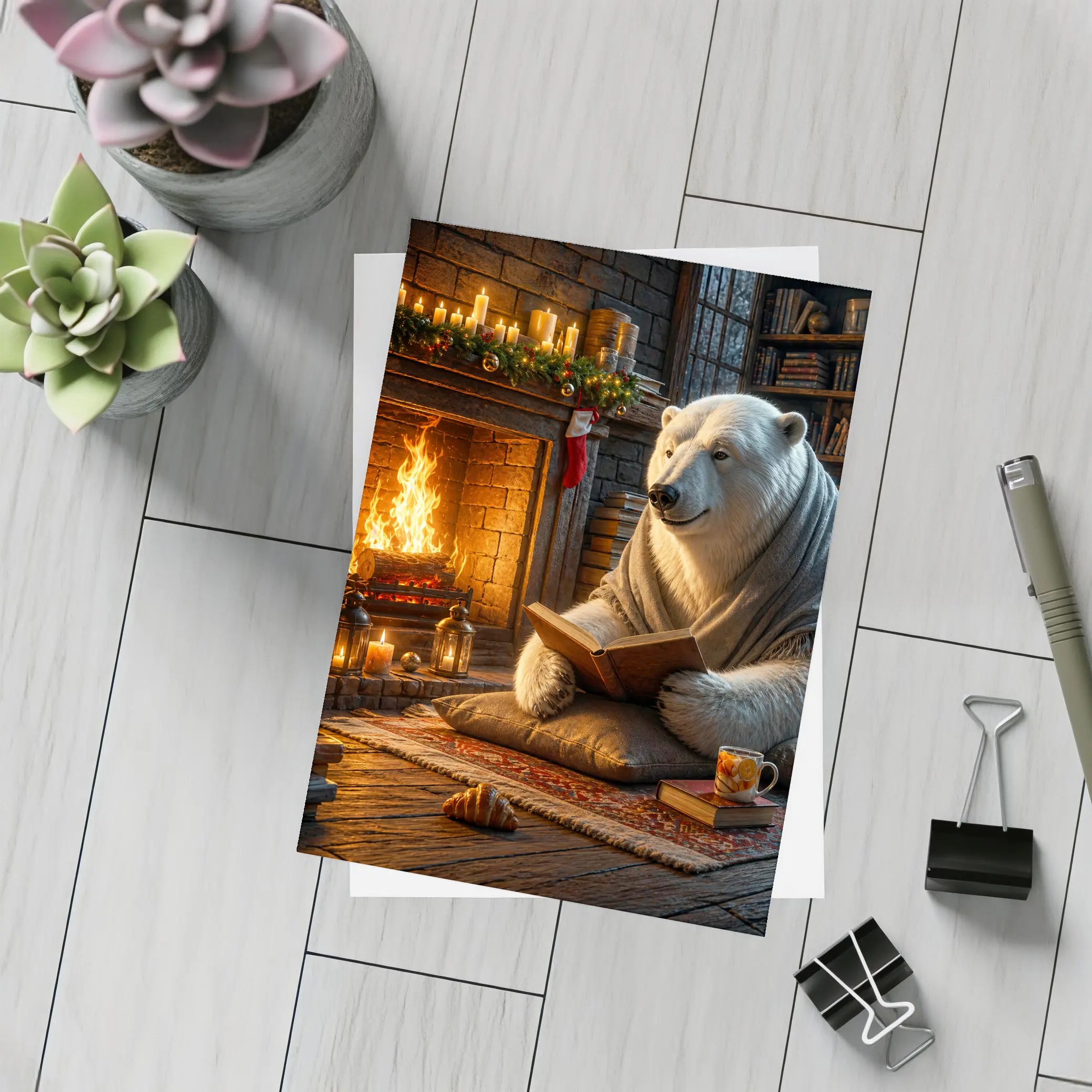 Polar Bear Reading Book by Cozy Fireplace – Postcards
