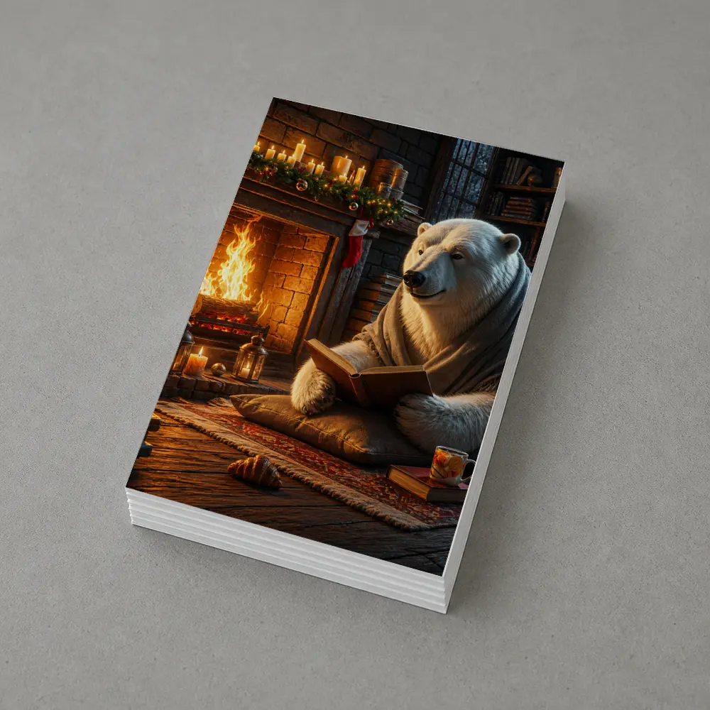 Polar Bear Reading Book by Cozy Fireplace – Postcards