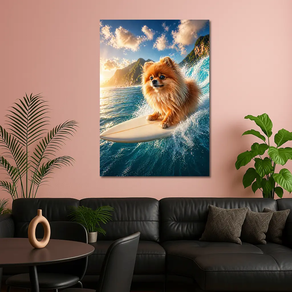 Pomeranian Surfing Ocean Wave Sunny Day – Wall Art