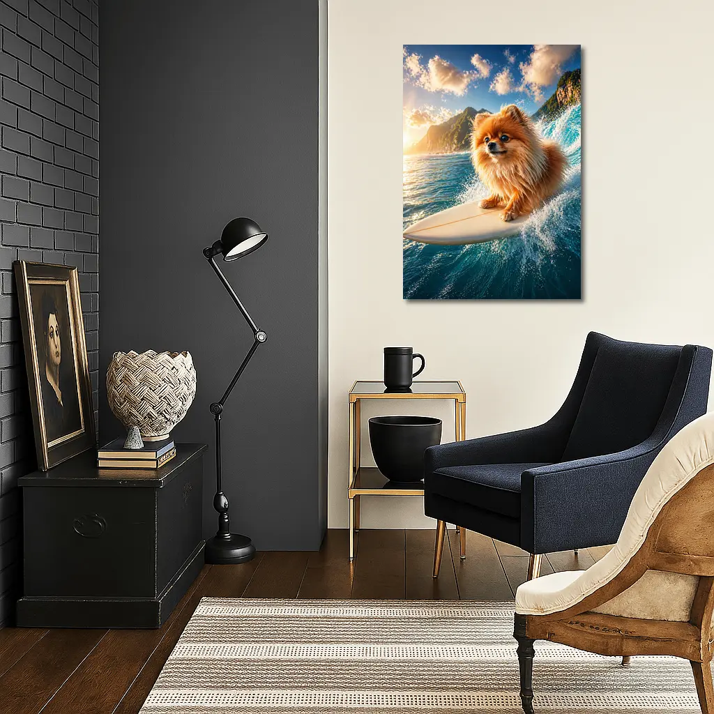 Pomeranian Surfing Ocean Wave Sunny Day – Wall Art