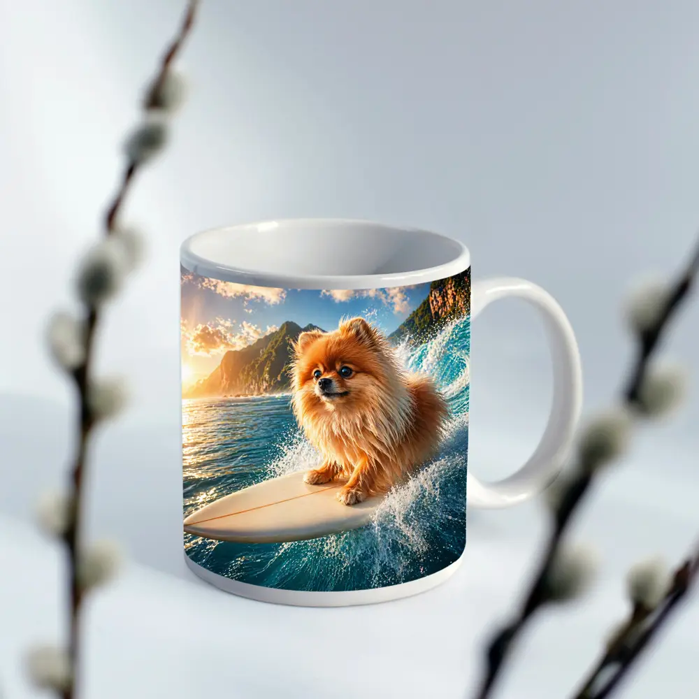 Pomeranian Surfing Ocean Wave Sunny Day – Mugs