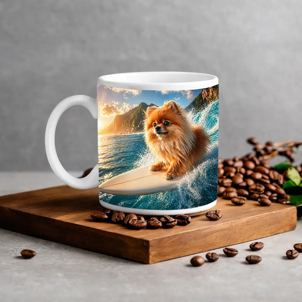 Pomeranian Surfing Ocean Wave Sunny Day – Mugs