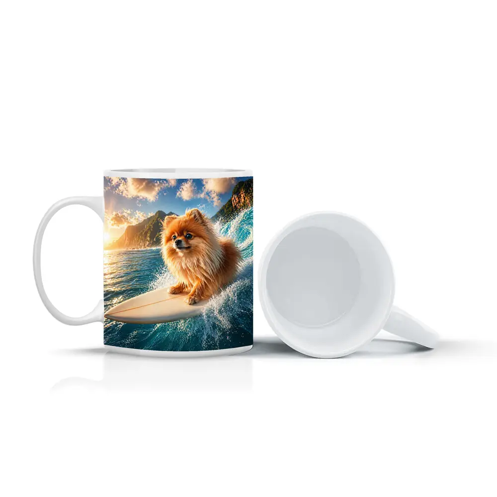 Pomeranian Surfing Ocean Wave Sunny Day – Mugs