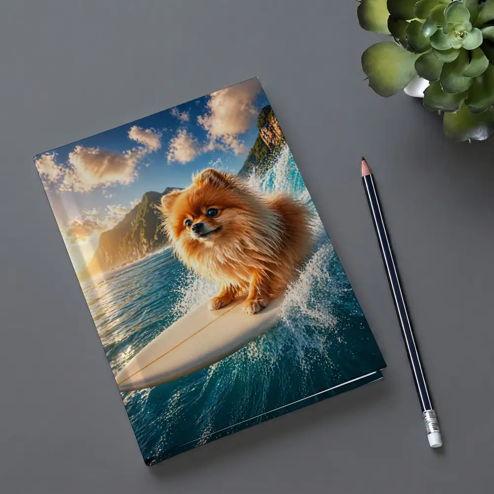 Pomeranian Surfing Ocean Wave Sunny Day – Notebooks