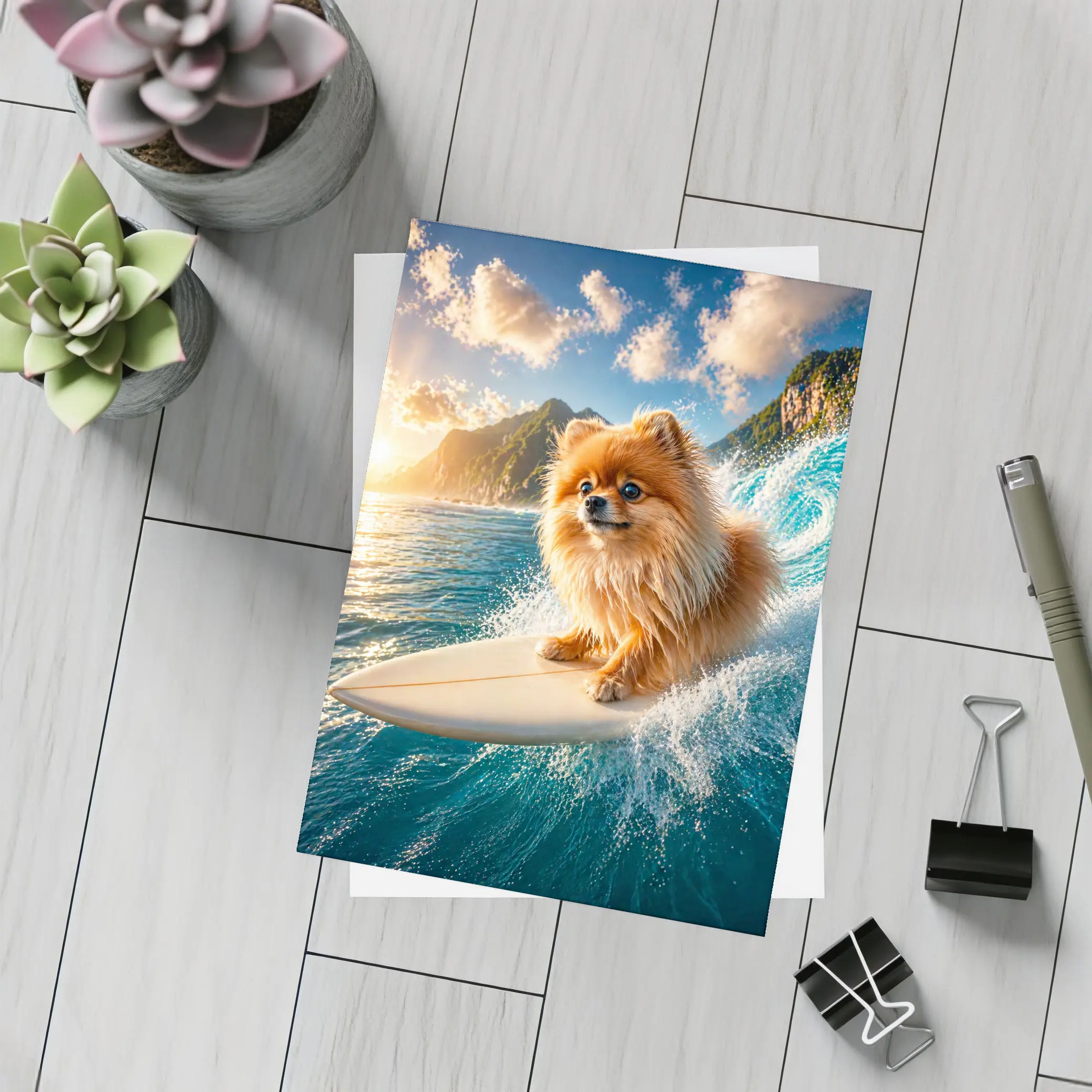 Pomeranian Surfing Ocean Wave Sunny Day – Postcards