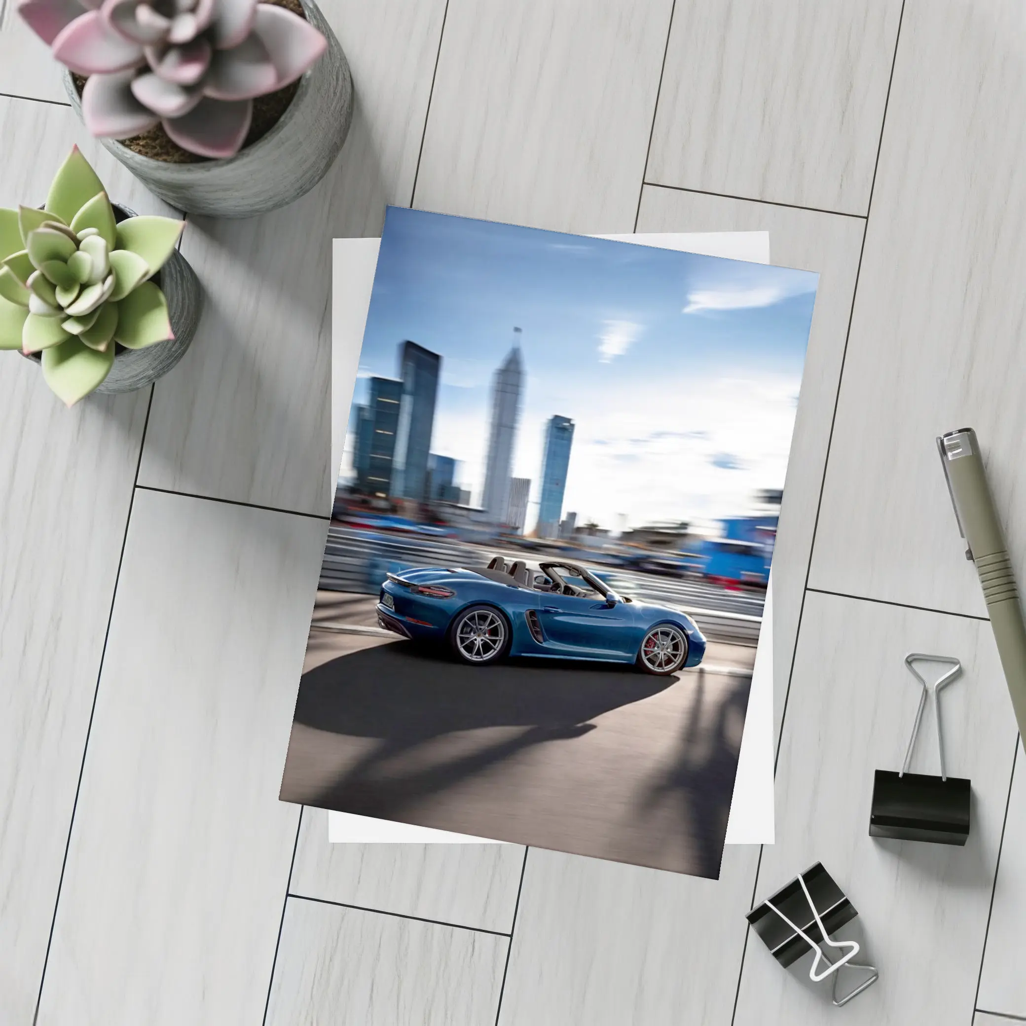 Porsche 718 Boxster Blue City Skyline – Postcards