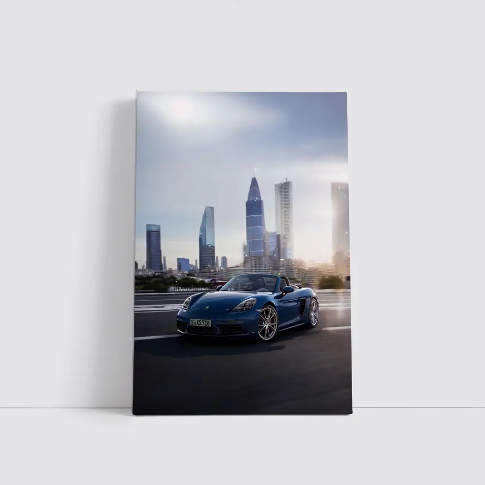 Porsche Boxster Blue Convertible City Skyline – Wall Art