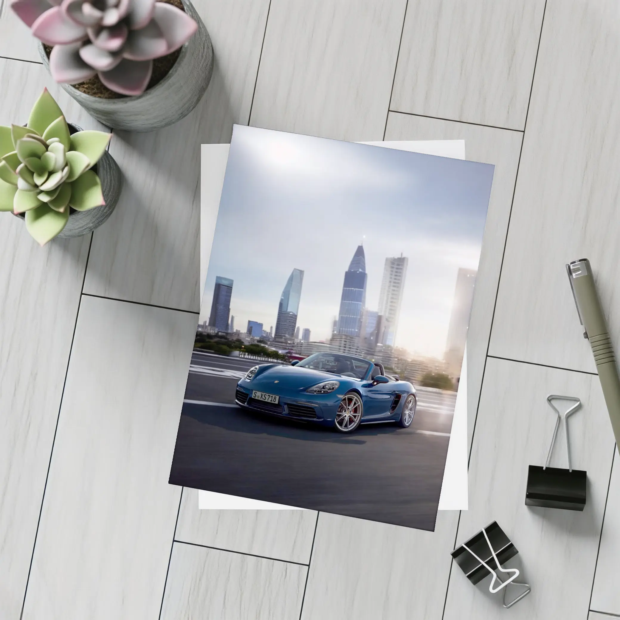 Porsche Boxster Blue Convertible City Skyline – Postcards