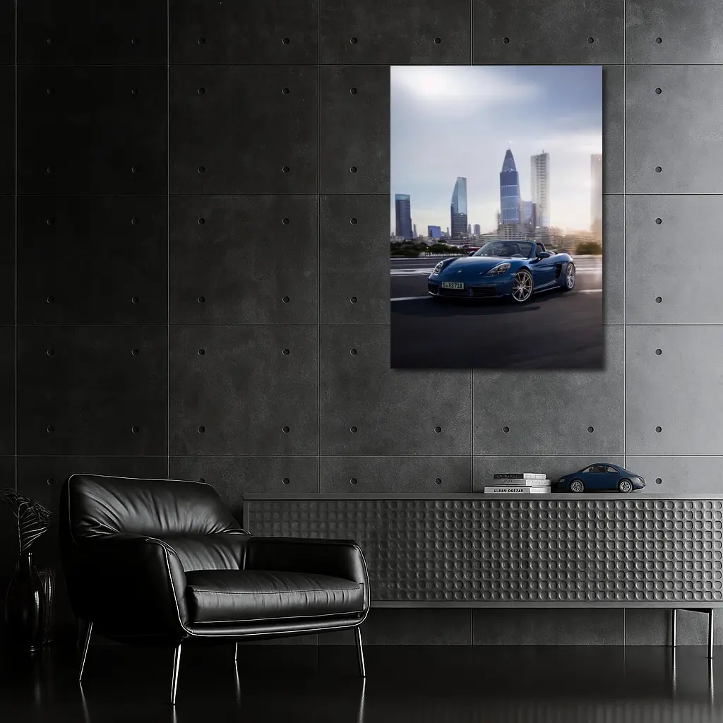 Porsche Boxster Blue Convertible City Skyline – Wall Art