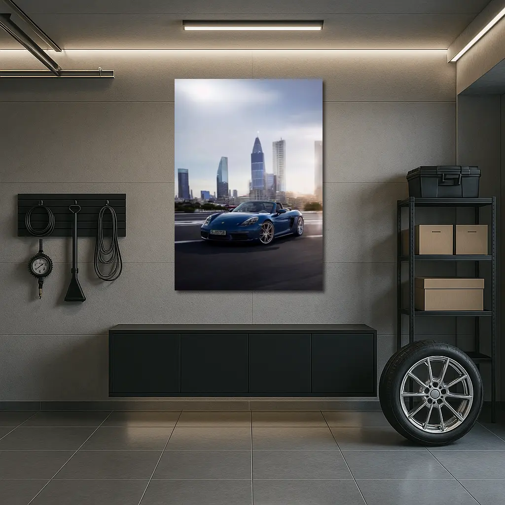 Porsche Boxster Blue Convertible City Skyline – Wall Art