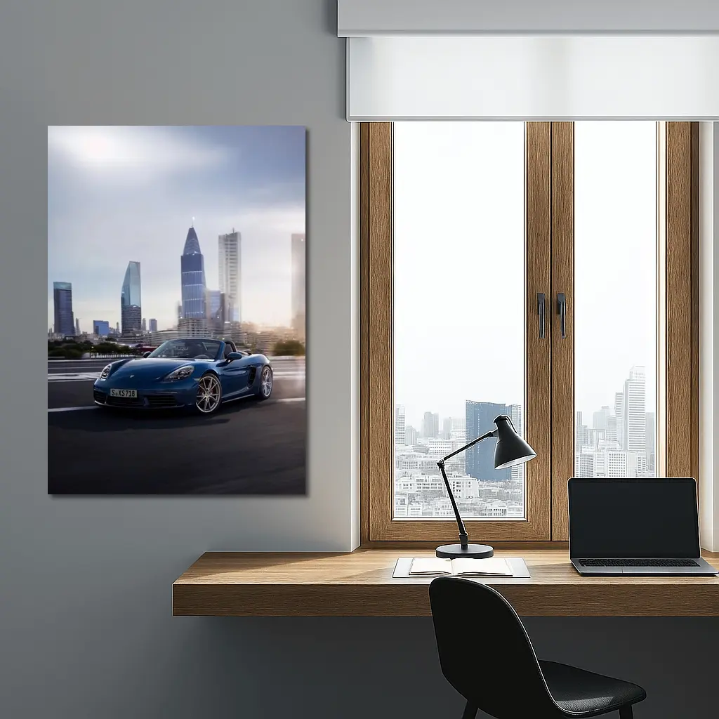 Porsche Boxster Blue Convertible City Skyline – Wall Art