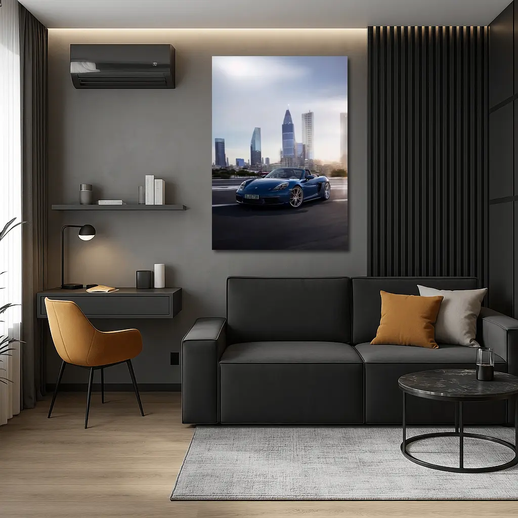 Porsche Boxster Blue Convertible City Skyline – Wall Art