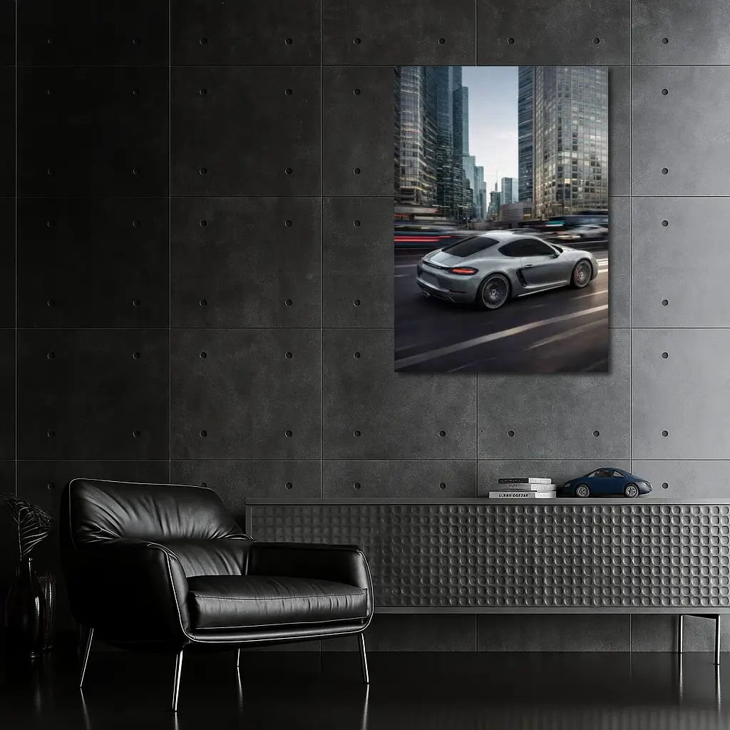 Porsche Cayman S Racing Through City Streets – Wall Art