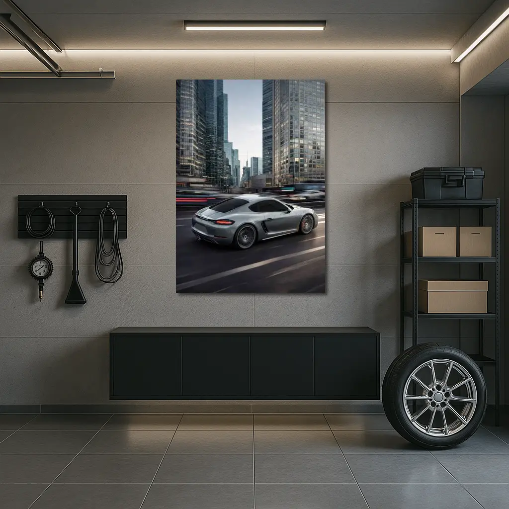 Porsche Cayman S Racing Through City Streets – Wall Art