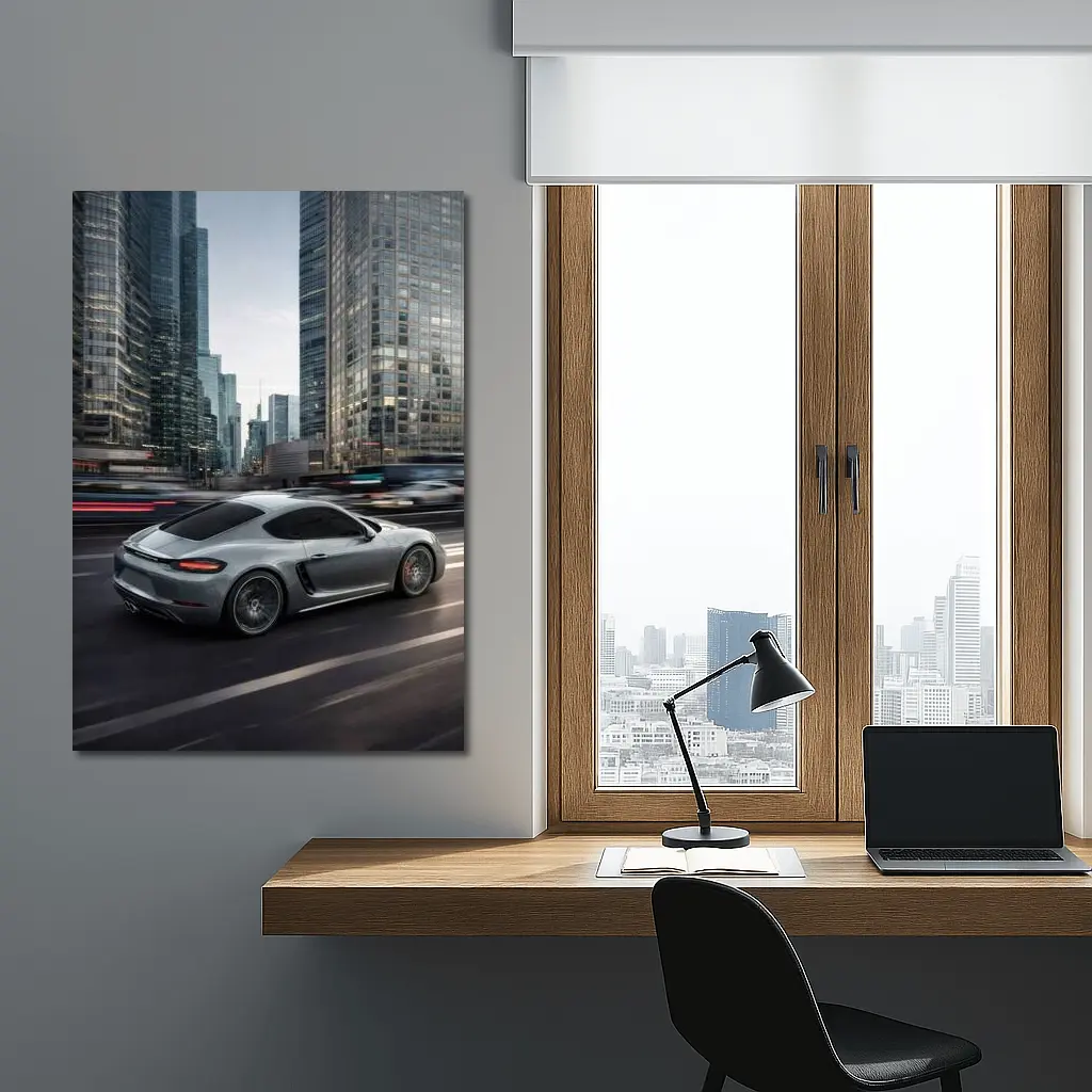 Porsche Cayman S Racing Through City Streets – Wall Art