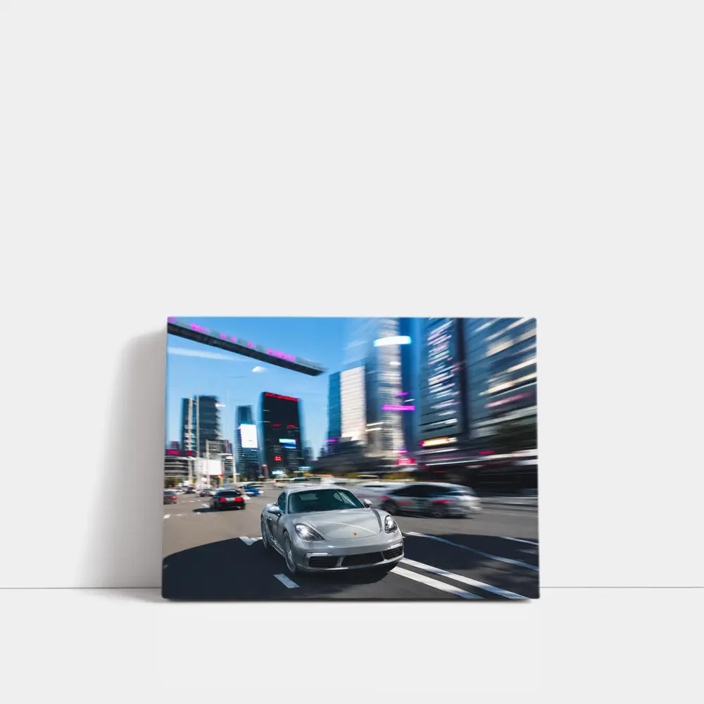 Porsche 718 Cayman Racing Through City Streets – Wall Art