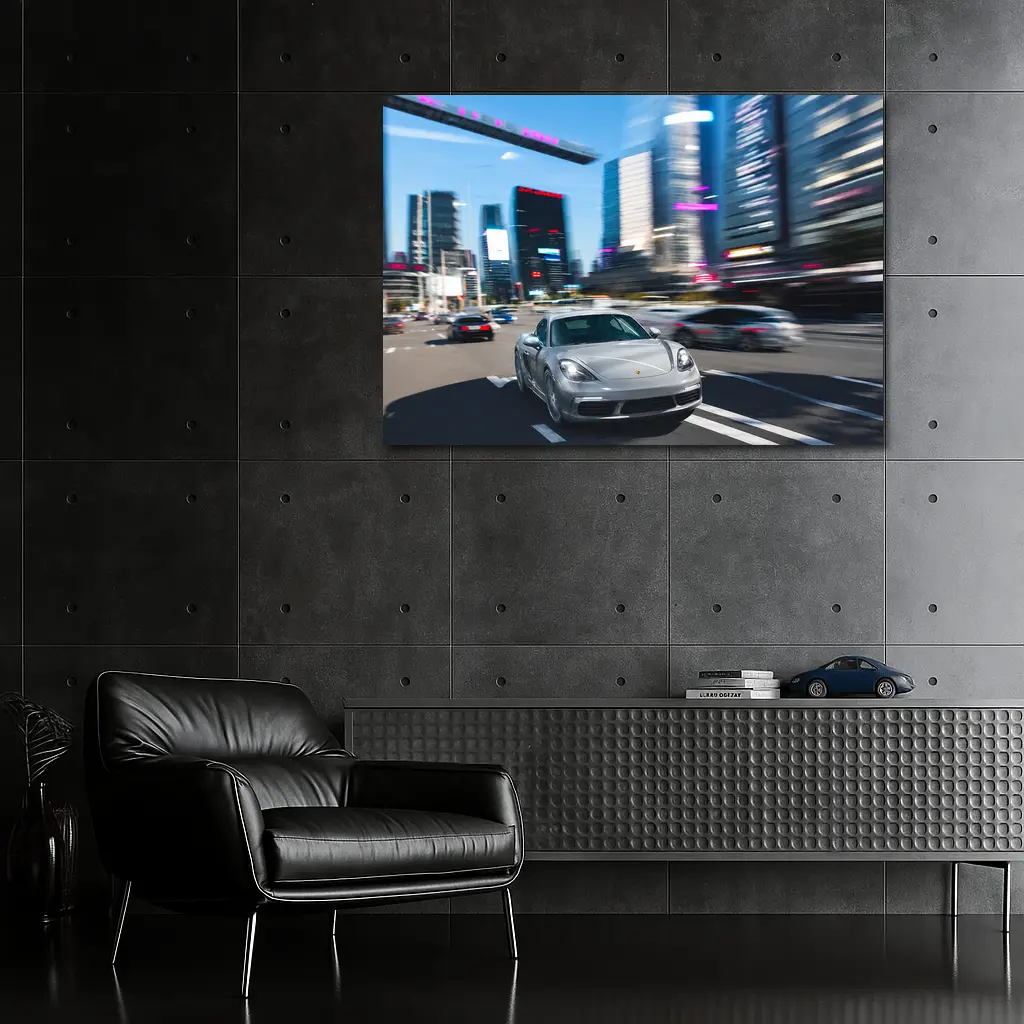 Porsche 718 Cayman Racing Through City Streets – Wall Art
