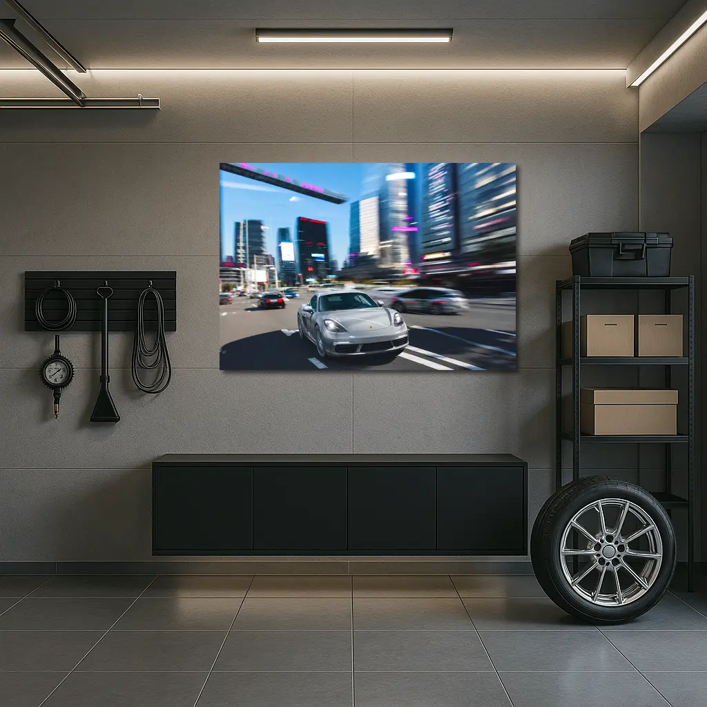 Porsche 718 Cayman Racing Through City Streets – Wall Art