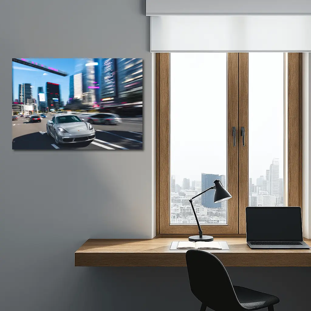 Porsche 718 Cayman Racing Through City Streets – Wall Art