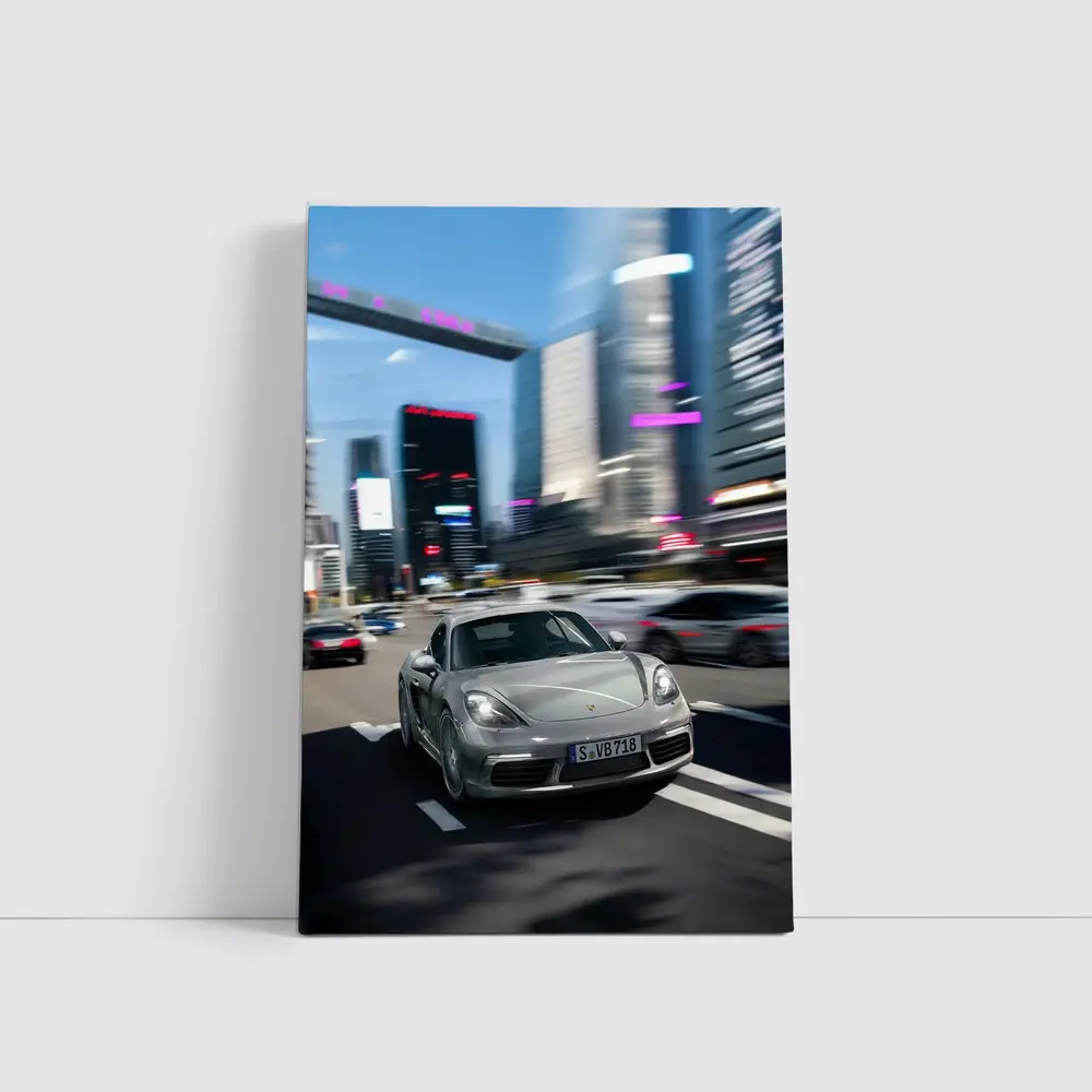 Porsche 718 Cayman Racing Through City Streets – Wall Art