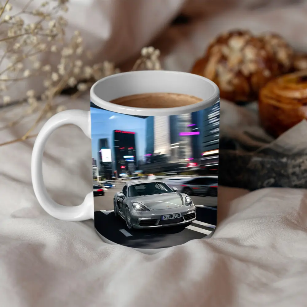 Porsche 718 Cayman Racing Through City Streets – Mugs