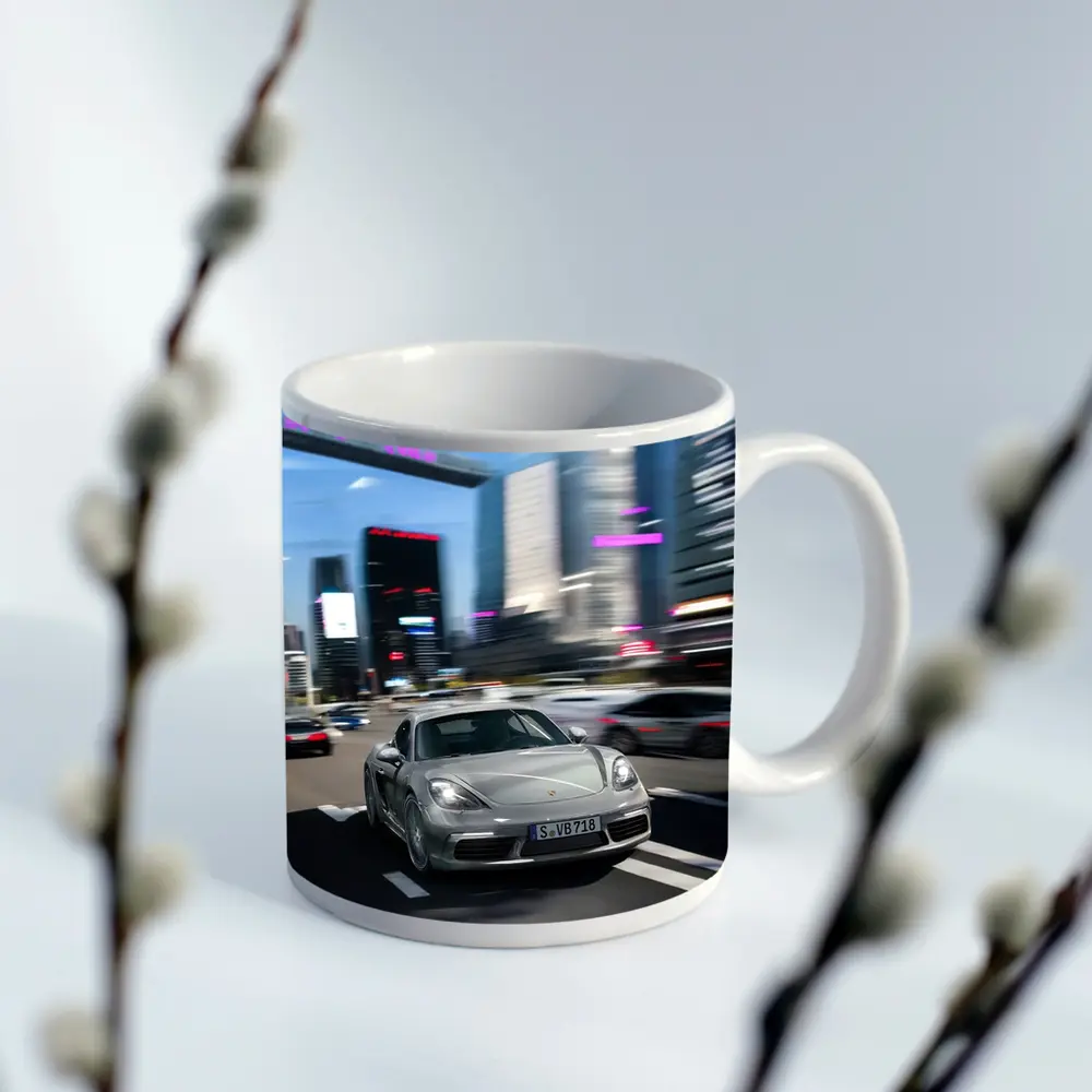 Porsche 718 Cayman Racing Through City Streets – Mugs
