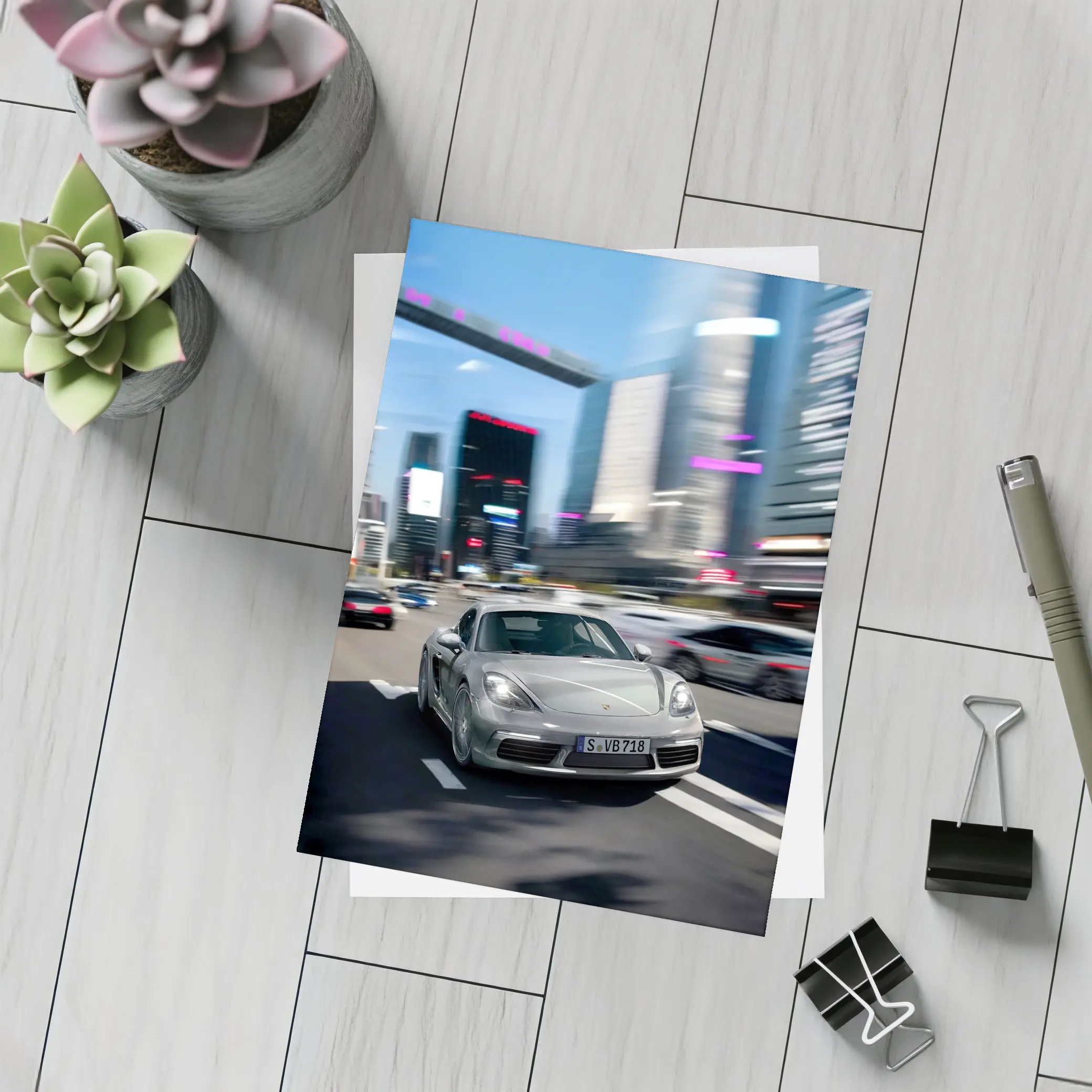 Porsche 718 Cayman Racing Through City Streets – Postcards