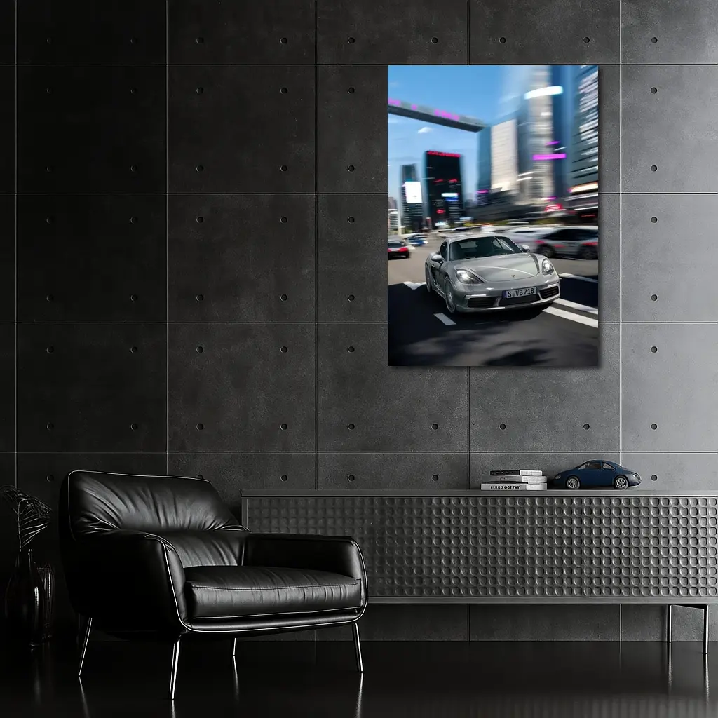 Porsche 718 Cayman Racing Through City Streets – Wall Art