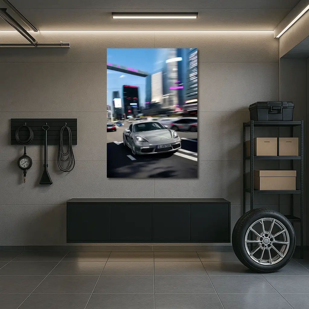 Porsche 718 Cayman Racing Through City Streets – Wall Art