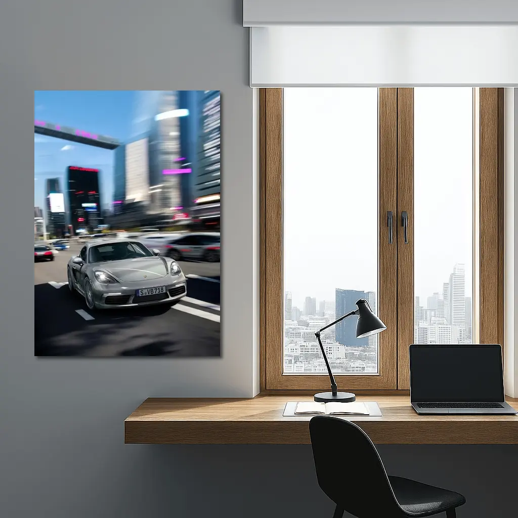 Porsche 718 Cayman Racing Through City Streets – Wall Art